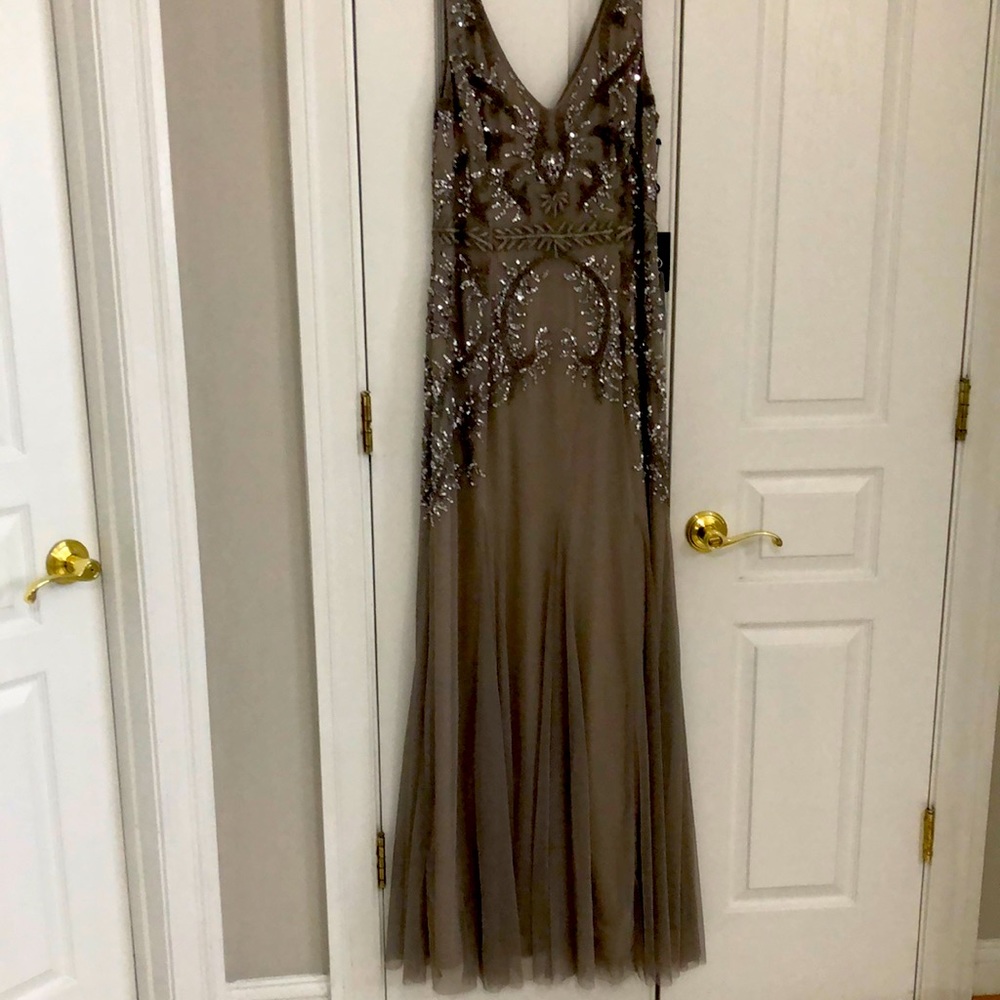 NWT Adrianna Papell formal gown, size 12, gray with gray/silver sequined.